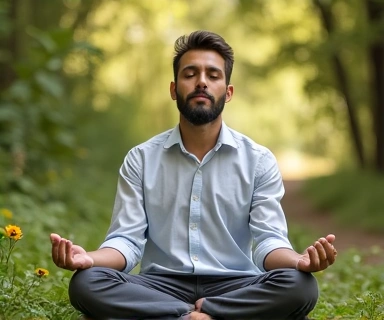 Egy férfi meditál a természetben, nyugodt és kiegyensúlyozott arckifejezéssel, a holisztikus jólét és a belső béke érzését sugározva.